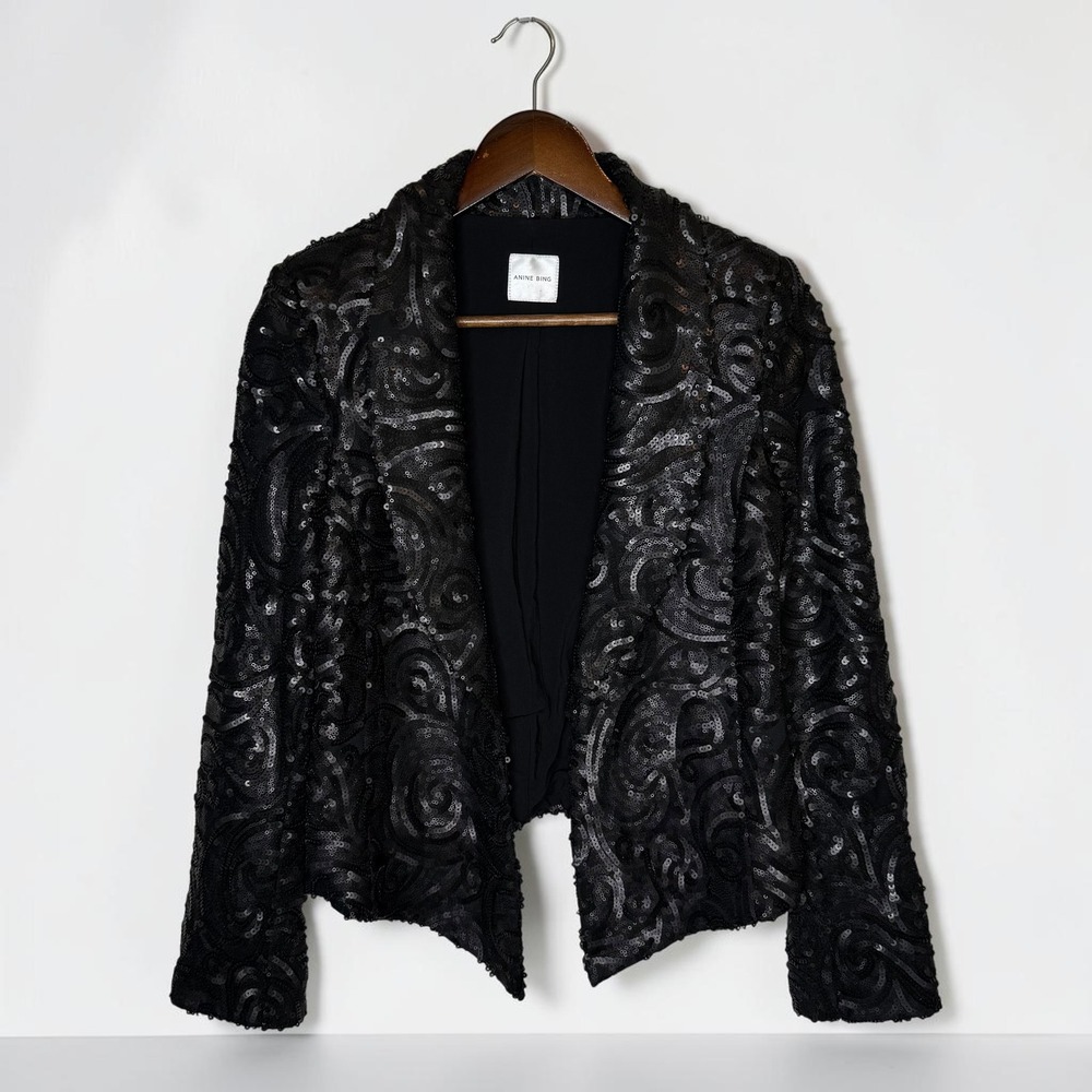 Anine Bing Mae Sequin Blazer Open Front Black size XS